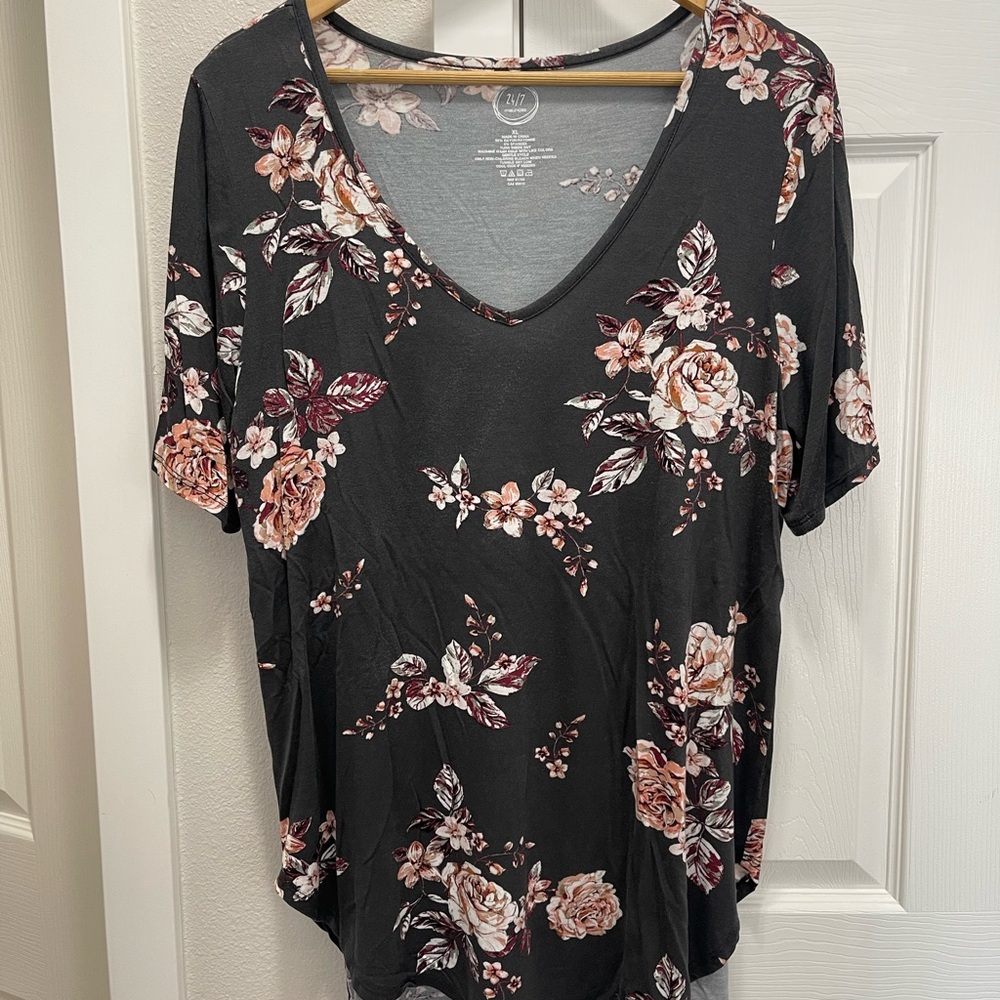 Floral V-Neck Black Top